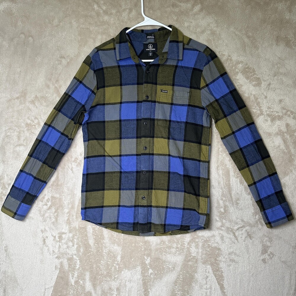 Volcom Shirt Mens Small Blue Green Plaid Modern Fit Flannel Long Sleeve